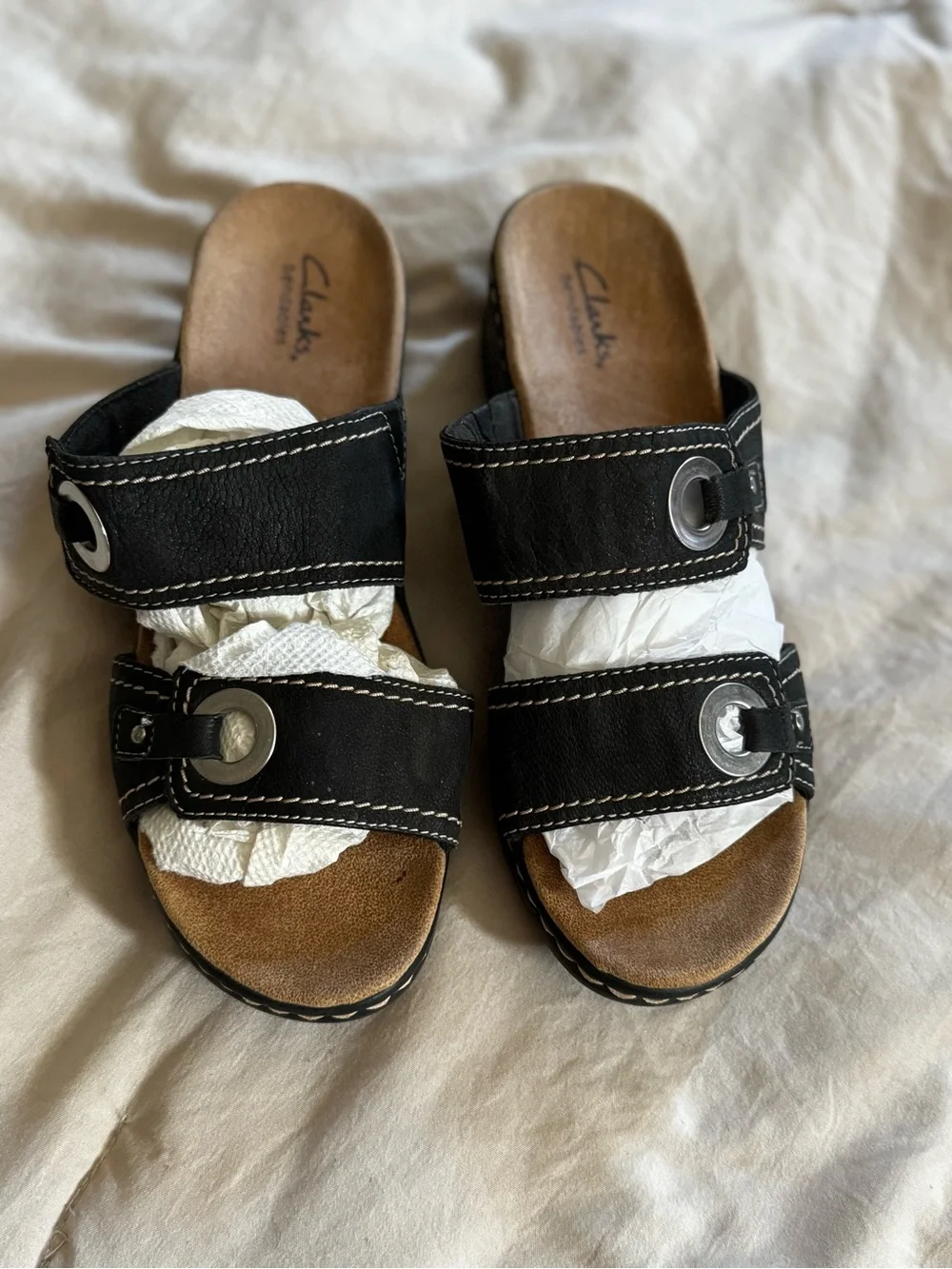 Clarks Black Double-Strap Slide Sandals with Metal Accents